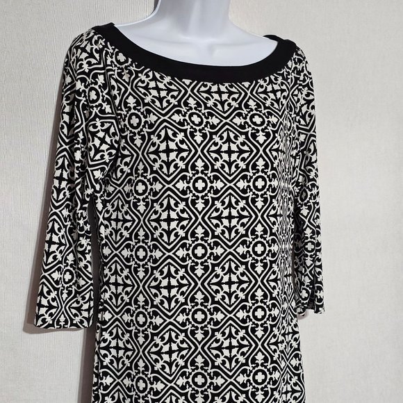 White House Black Market 3/4 Sleeve Black White Geometric Work Dress Size Small - Picture 2 of 9